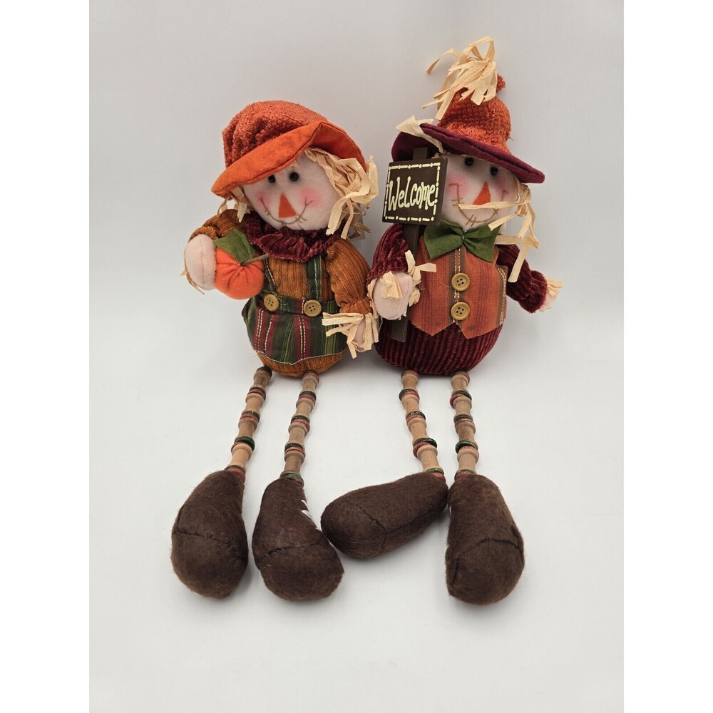 Scarecrow Couple Shelf Sitters Spool Bead Legs Welcome Sign Autumn Decor 17"
